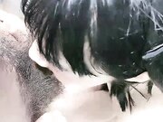 先自慰，毛毛很旺盛，第一视角口交无套啪啪，高潮迭起叫床声很大_